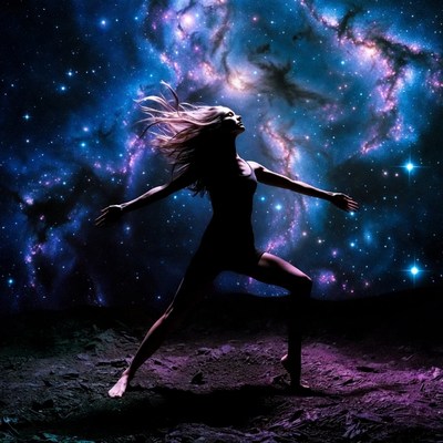 Blonde woman dancing in cosmic nebula