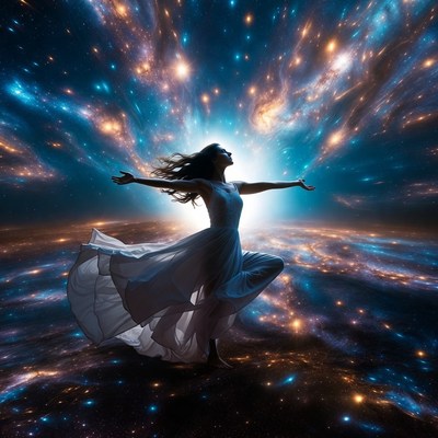 Woman embracing cosmic galaxy stars