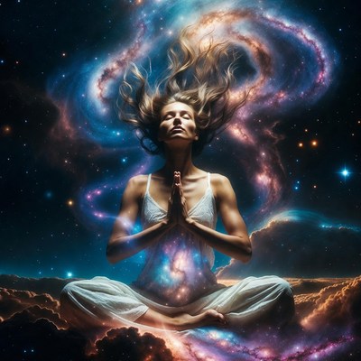 Woman meditating in cosmic galaxy