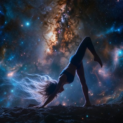 Woman in yoga pose against galaxy