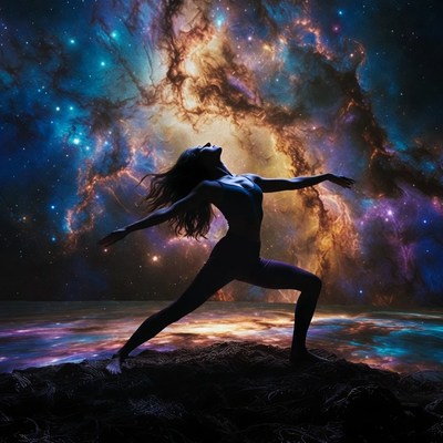 Woman doing yoga pose in nebula galaxy
