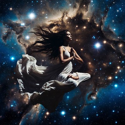 Woman meditating in cosmic nebula