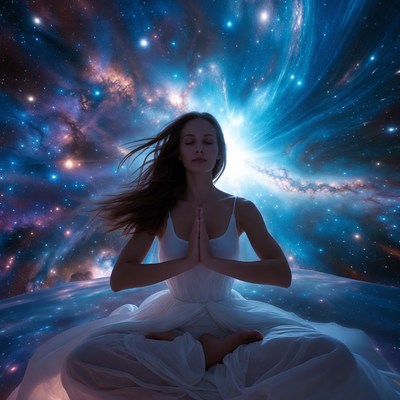 Woman meditating in cosmic galaxy