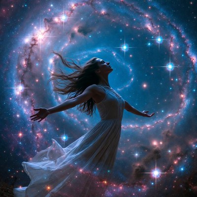 Woman floating in cosmic galaxy