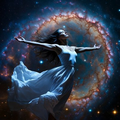 Woman embracing cosmic nebula