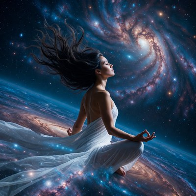 Woman meditating in cosmic galaxy