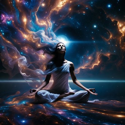 Woman meditating in cosmic nebula