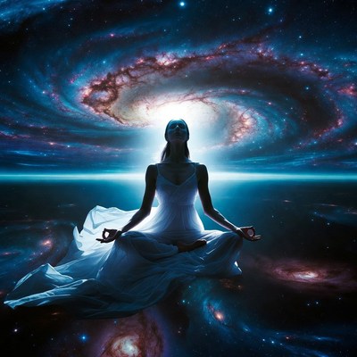 Woman meditating in cosmic galaxy