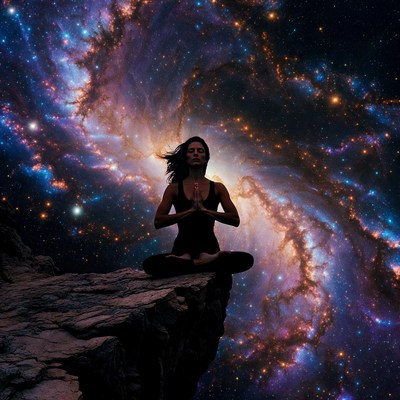Woman meditating on cliff in galaxy