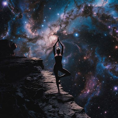 Woman in Tree Pose on Cliff Amid Stars