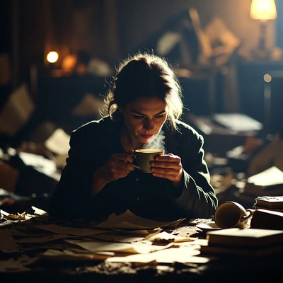 Woman sipping tea amid cluttered desk