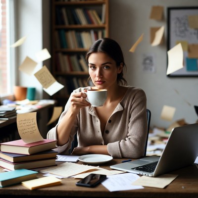 Woman sipping coffee at cluttered desk