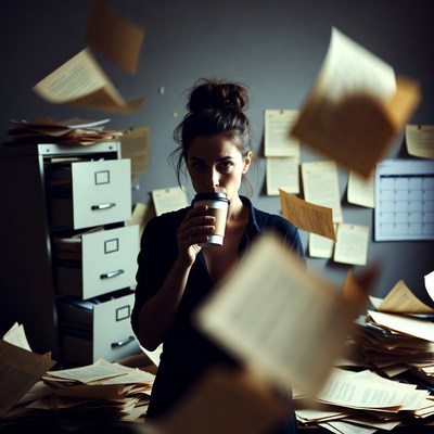 Woman sipping coffee amid flying papers
