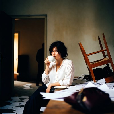 Woman drinking tea amid scattered papers