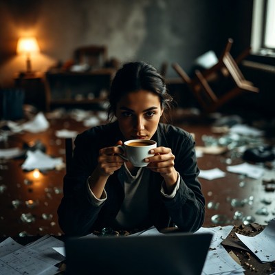Woman sipping coffee at messy desk