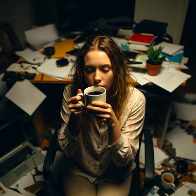 Woman drinking coffee at messy desk