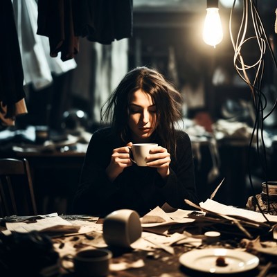 Woman drinking tea at cluttered table