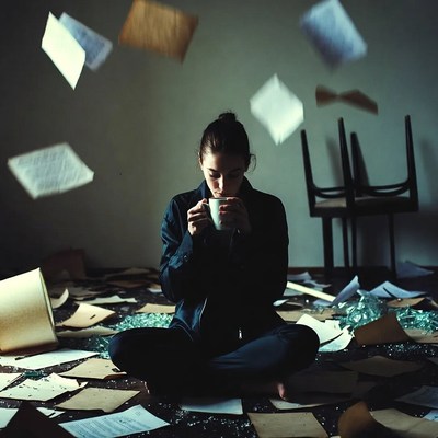 Woman sipping tea amid flying papers