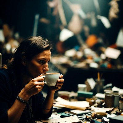 Woman drinking coffee in cluttered studio