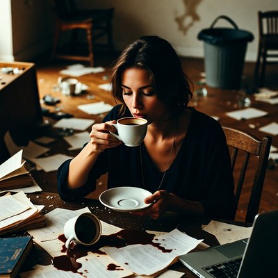 Woman sipping coffee amid messy kitchen