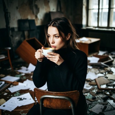 Woman drinking tea in ruined room