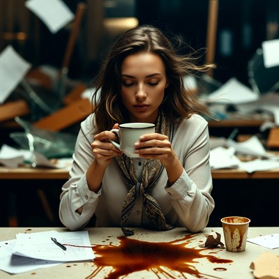 Woman sipping tea in messy office