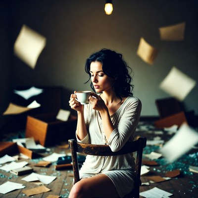 Woman sipping tea amid flying papers