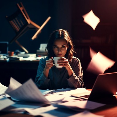 Woman sipping coffee at cluttered desk