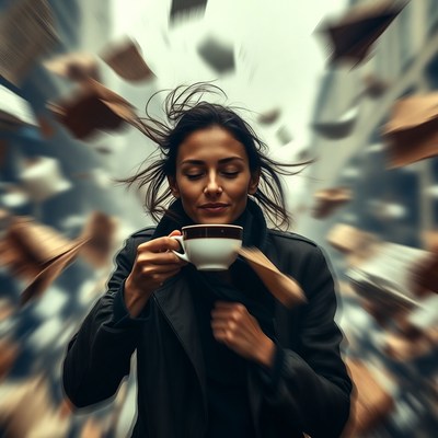 Woman sipping coffee amid flying papers