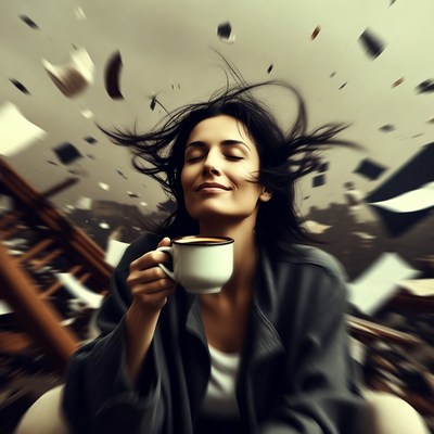 Woman sipping tea amid flying papers