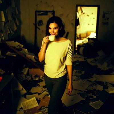 Woman sipping tea in messy room