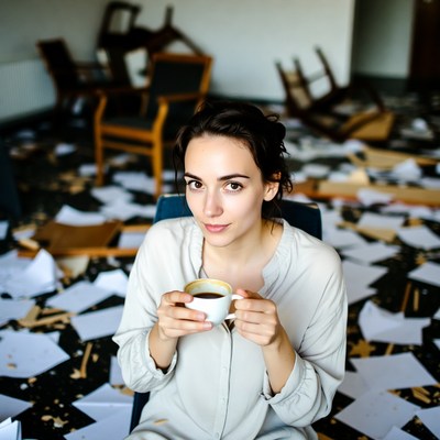Woman drinking coffee amid scattered papers