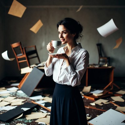 Woman drinking tea amid flying papers