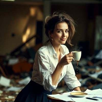 Woman holding teacup amid scattered papers