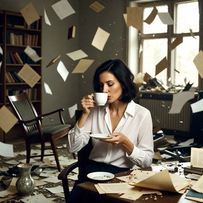 Woman drinking tea amid flying papers