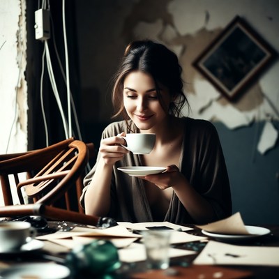 Woman drinking tea at rustic table