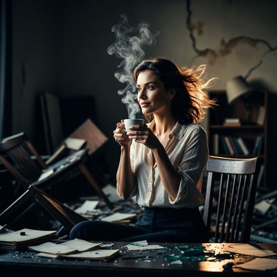 Woman sipping coffee amid scattered books