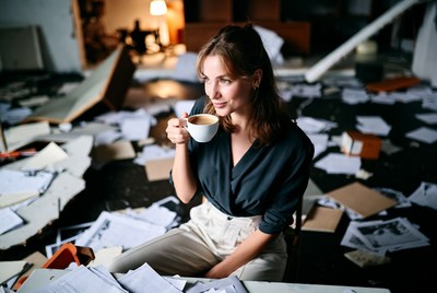 Woman drinking coffee amid scattered papers