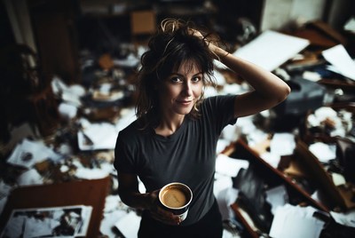 Woman holding coffee in messy office