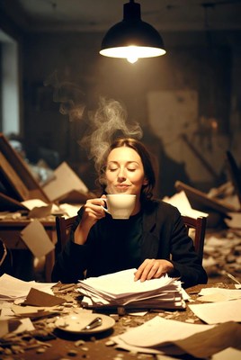 Woman sipping tea amid scattered papers