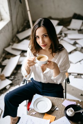 Woman drinking coffee in abandoned room