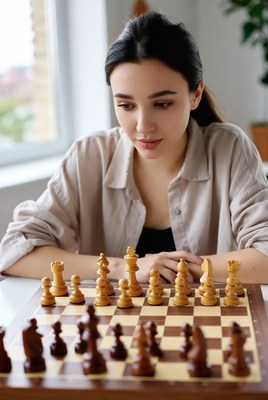 Woman playing chess game