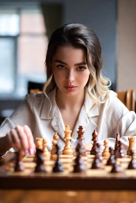 Woman playing chess game
