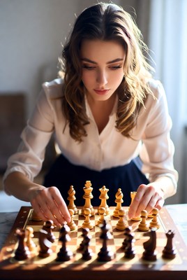 Woman playing chess game