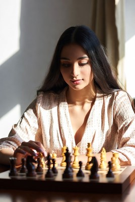 Woman playing chess game