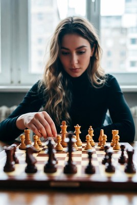 Woman playing chess game