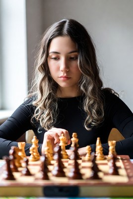 Young woman playing chess