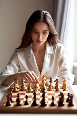 Woman playing chess game