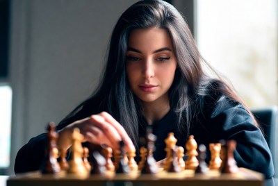 Woman playing chess game