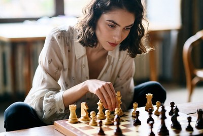 Woman playing chess game
